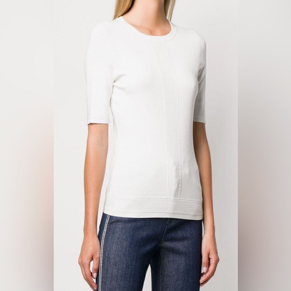 ESCADA Sensial Off-White Knit T-Shirt Top Sz S Minimalist Preppy‎ Stretch